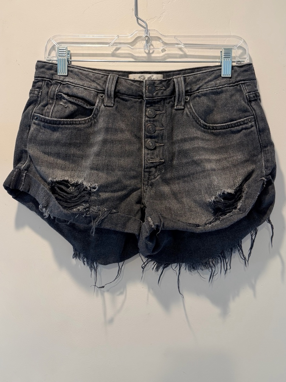 We The Free Black Distressed Button-Front Denim Shorts